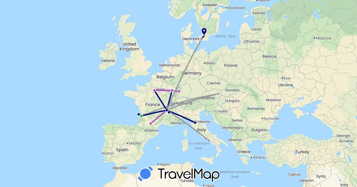 TravelMap itinerary: driving, bus, plane, train in Austria, Denmark, France, Italy, Sweden (Europe)